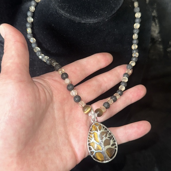 Tiger’s Eye Tree Necklace (Beige Crystal Beads, Black Lava Rock And Tiger’s Eye) - Picture 7 of 12